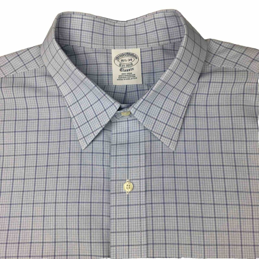 Brooks Brothers Dress Shirt Mens 16.5-34 Blue Check Classic French Cuffs No Iron
